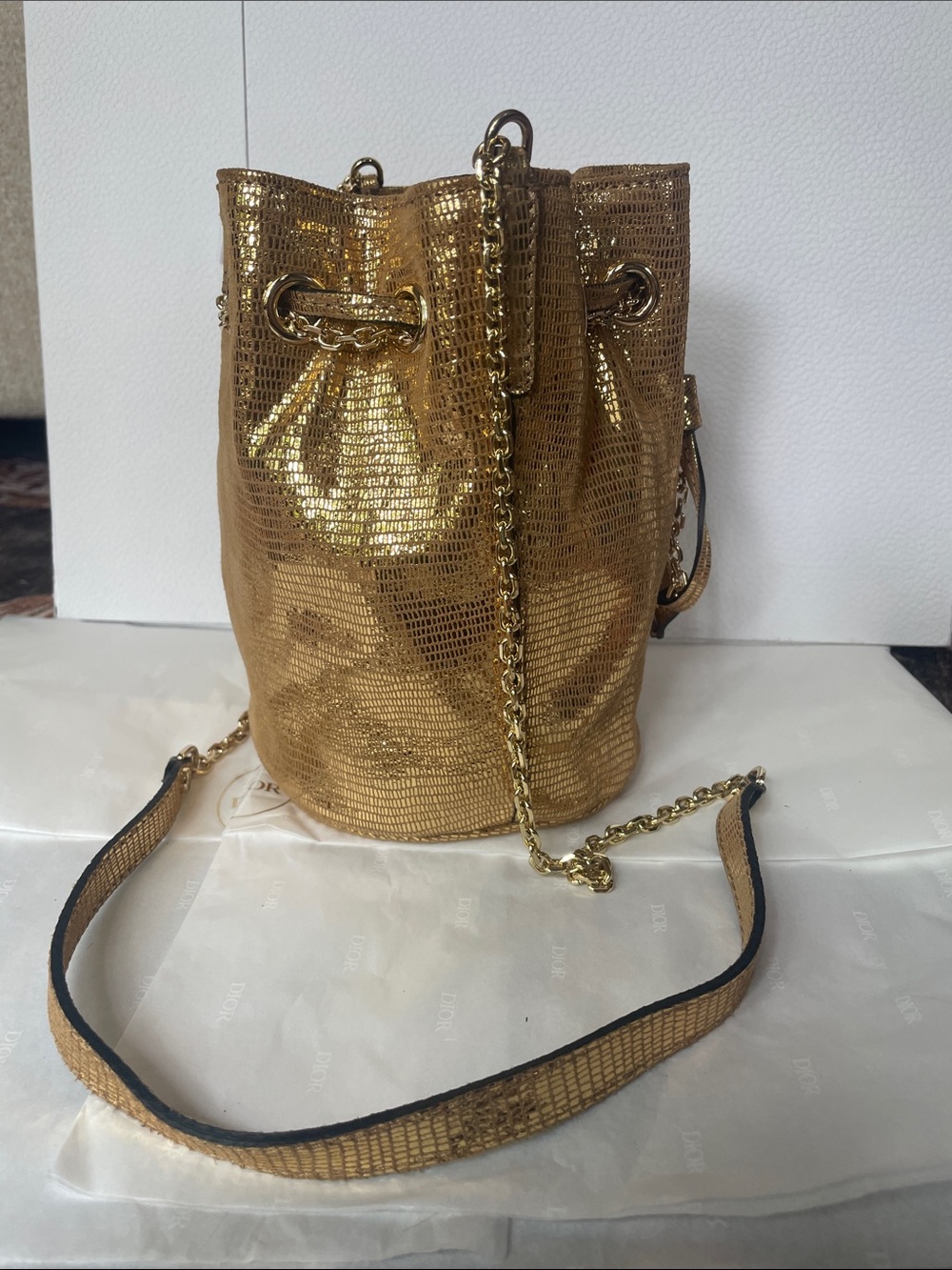 Authentic Gianni Chiarini Gold Chain Accent Bucket Bag Luxury Shoulder Crossbody - Picture 12 of 14